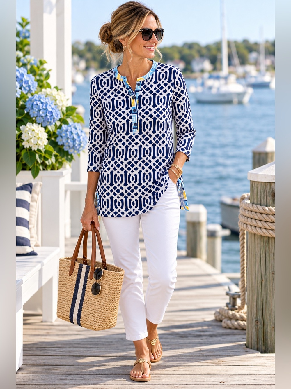 J. McLaughlin Geometric Print Tunic Top Navy Blue Ivory 3/4 Sleeve Small